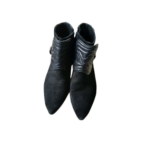 ZARA Womens 7.5  Suede Quilted Leather Ankle Black Pointed Toe Western Booties - Picture 1 of 8